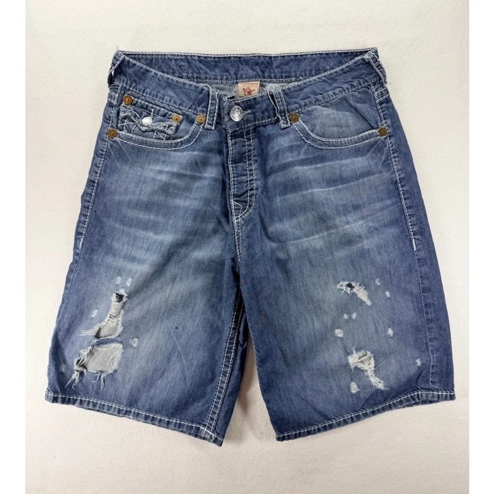 True Religion Surf Denim Distressed Shorts Men's Size 40 Y2K